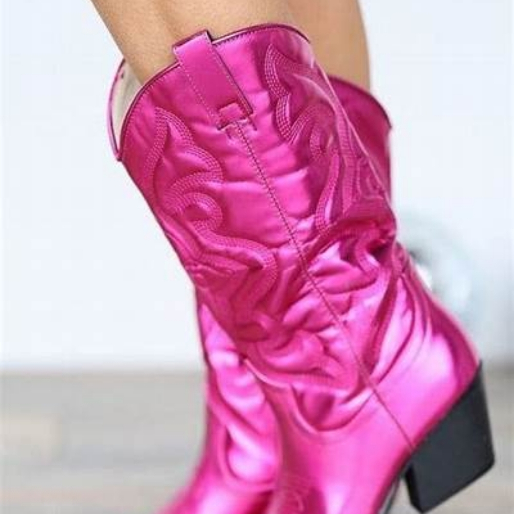 Steve Madden West Pink Metallic Pull On Pointed Toe Block Heel Western Boots - Picture 7 of 9